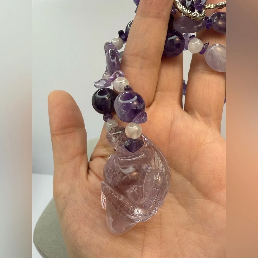 Carved amethyst lizard pendant with amethyst rock crystal necklace